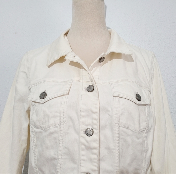 The Limited White Denim Trucker Jacket Women's Size Large Stretch Button Front - Picture 3 of 12